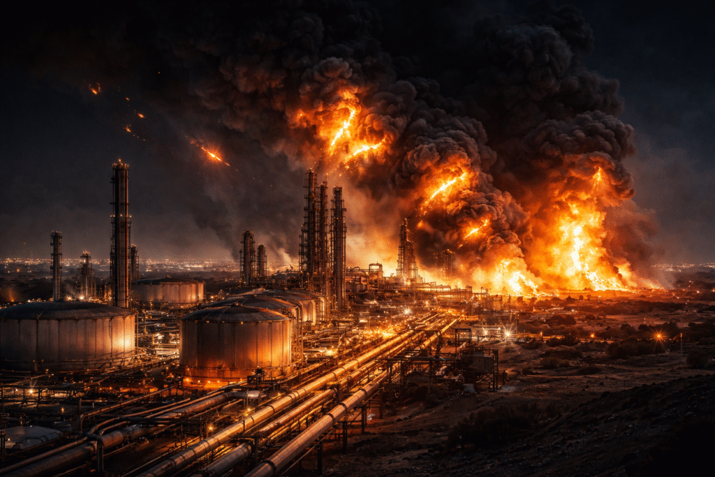 Large industrial gas facility engulfed in flames and thick smoke at night, with pipelines and storage tanks illuminated by explosions and fire