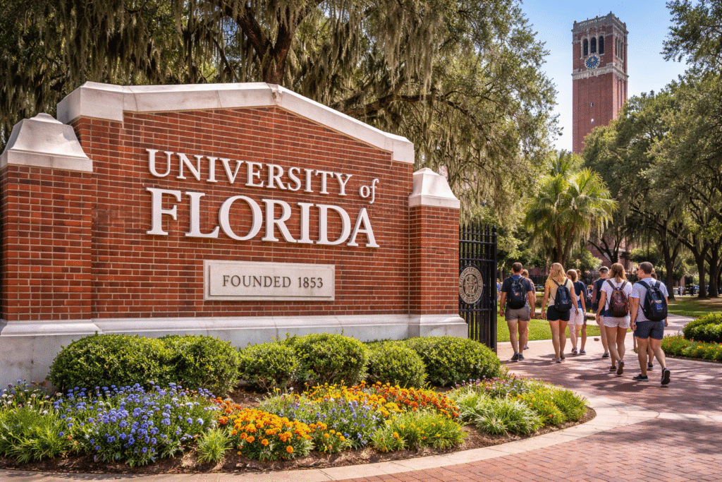 Brick entrance sign for the University of Florida campus with students walking along a landscaped path and a campus tower visible in the background.