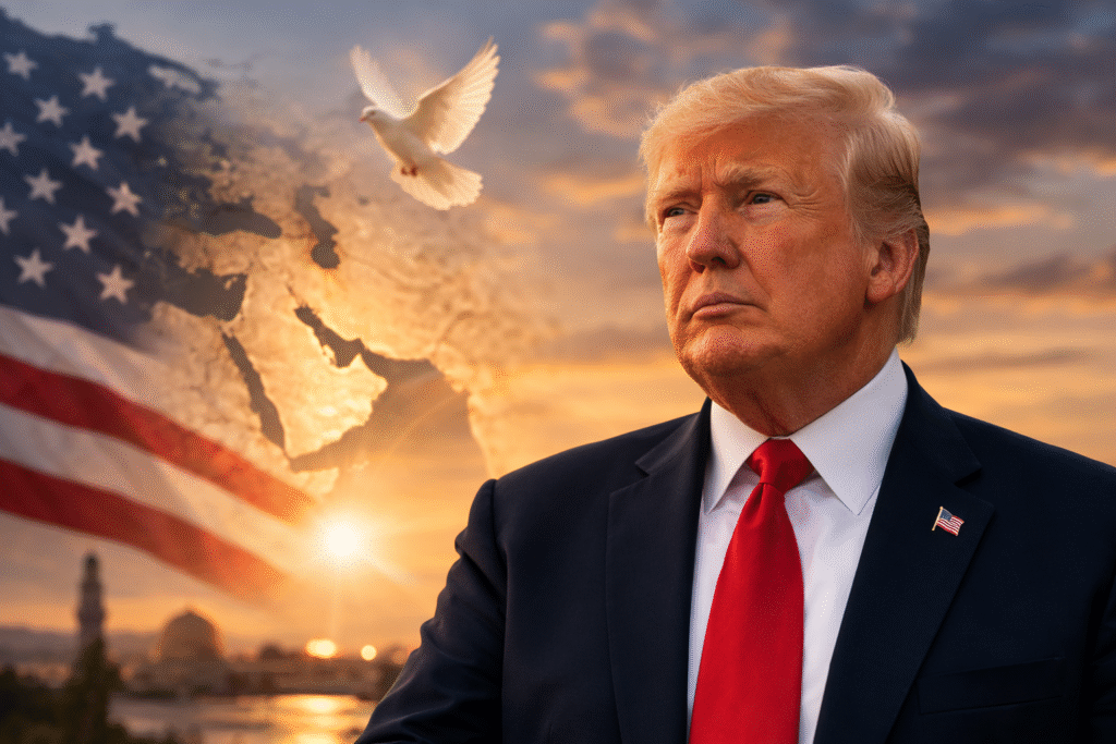 President Donald Trump in a suit and red tie standing before an American flag and a Middle East map backdrop with a white dove flying overhead at sunset.