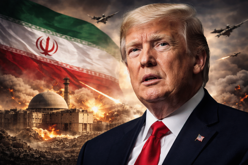 President Donald Trump in a suit with the Iranian flag and a damaged nuclear facility in the background, amid explosions and military aircraft overhead.