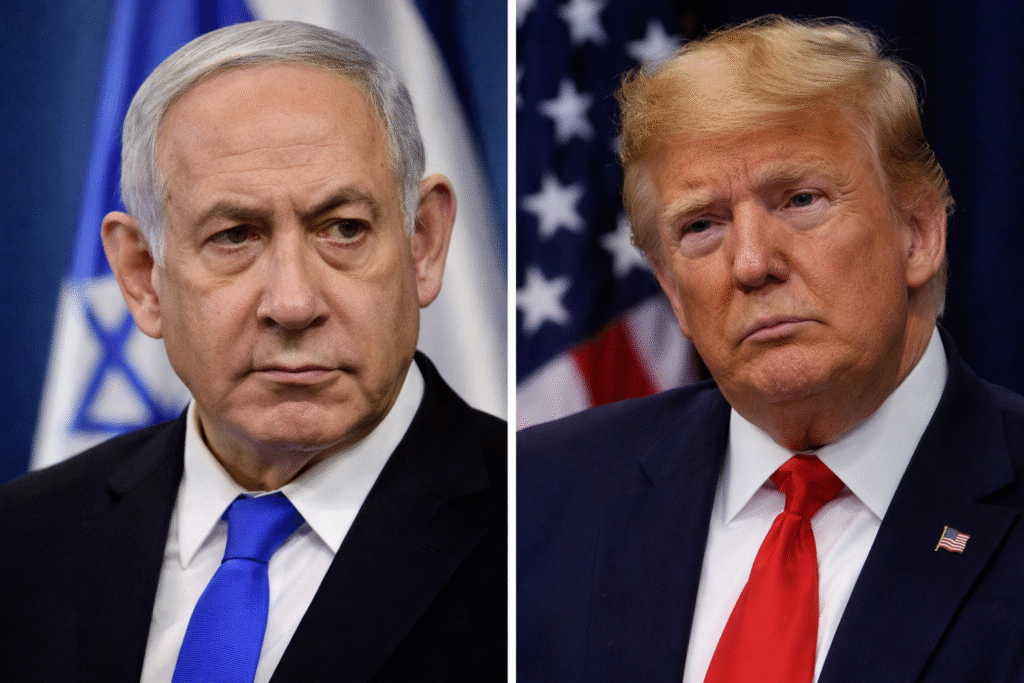 Split image showing Benjamin Netanyahu and President Donald Trump in close-up portraits, each in a suit with their respective national flags in the background.