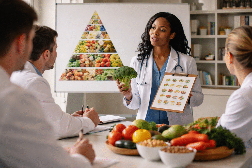 Doctor teaching a nutrition lesson to medical students while holding broccoli, with fresh fruits and vegetables on the table and a food pyramid chart displayed behind her.