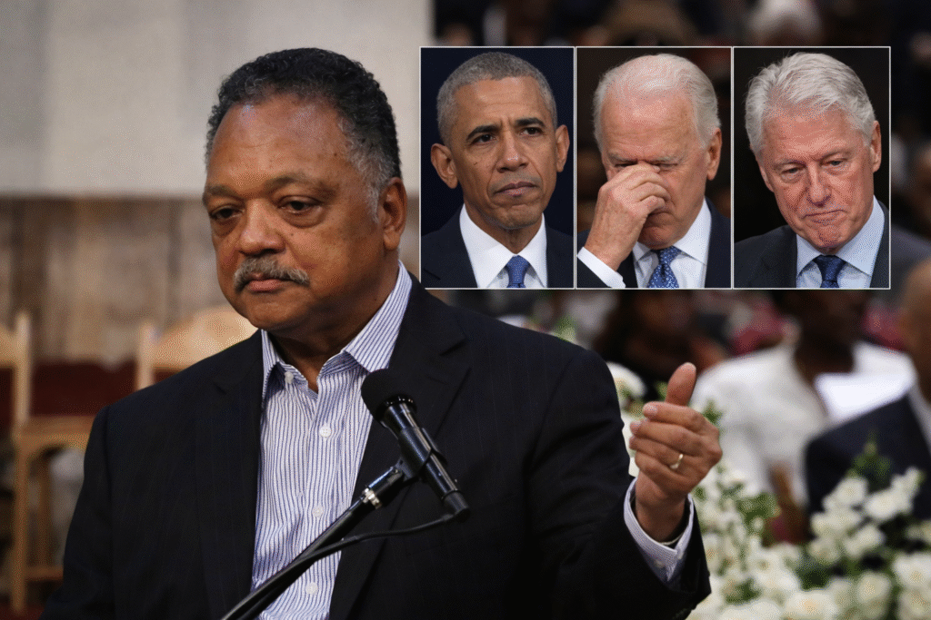 Jesse Jackson speaking at a church lectern with a microphone, with inset images of former presidents Barack Obama, Joe Biden, and Bill Clinton during a memorial service.