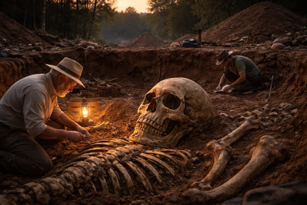 Archaeologists excavating a large human-like skeleton at a dig site, with an oversized skull and bones partially uncovered in the soil, illuminated by a lantern at dusk