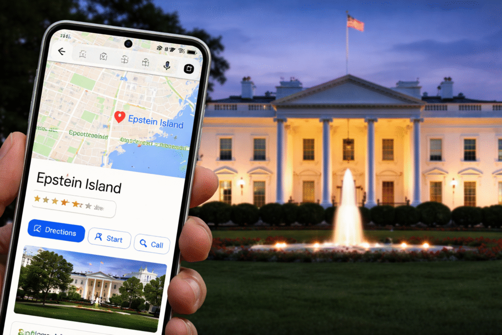 Hand holding a smartphone displaying a map labeled “Epstein Island,” with the White House illuminated in the background at dusk.