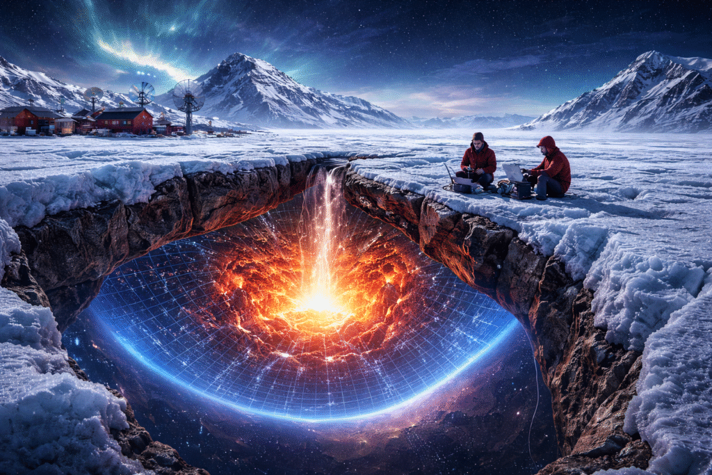 Illustration of Antarctica with scientists near a research station and a cross-section view of Earth showing a glowing underground gravity anomaly beneath the ice.