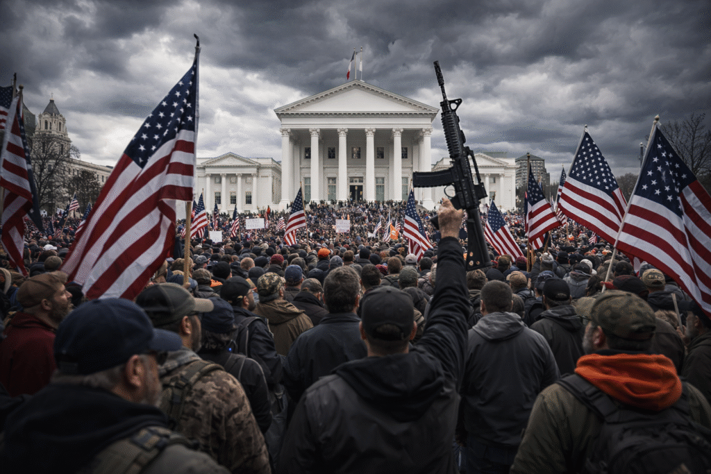 Large crowd gathered outside the Virginia State Capitol during a gun rights protest, with American flags raised and a rifle held in the air against a stormy sky.