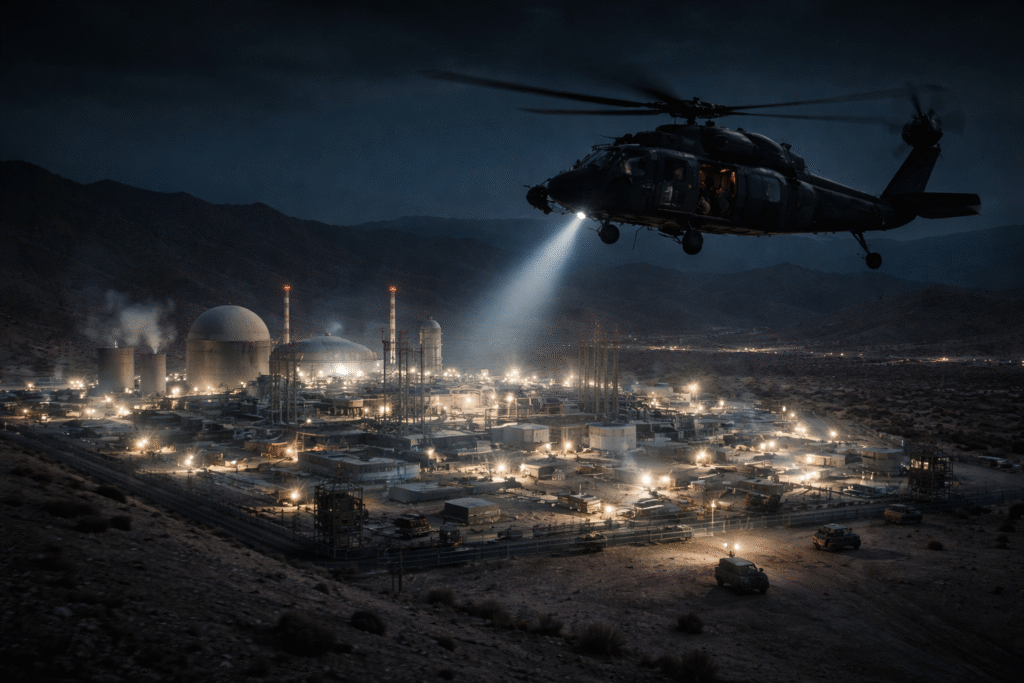 Military helicopter hovering over a brightly lit industrial facility in a desert at night, with structures resembling a nuclear site and vehicles on the ground.