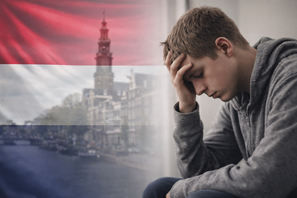 Young man sitting with his head in his hand in distress, with a blurred Dutch canal scene and the Netherlands flag overlay in the background.