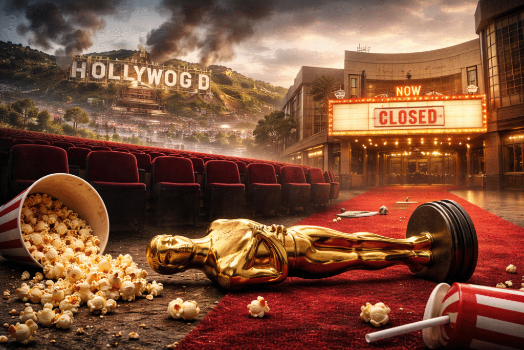 Oscar statuette lying on a red carpet outside a closed movie theater with the Hollywood sign and empty cinema seats in the background.