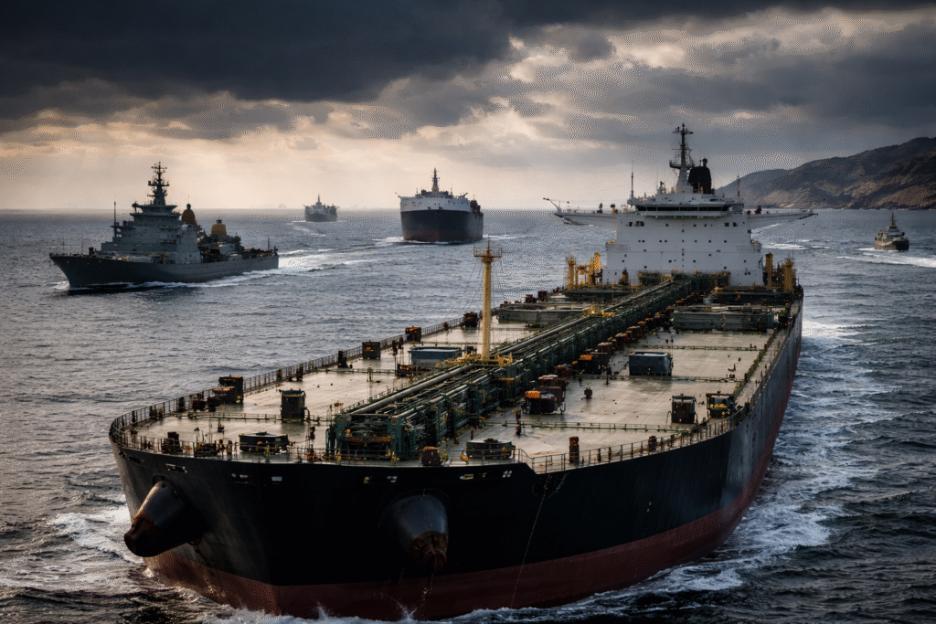 Large oil tanker sailing through the Strait of Hormuz with naval warships nearby, illustrating rising tensions threatening global oil shipping routes.