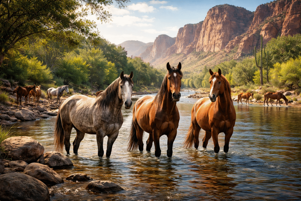 Wild horses standing in a shallow river within a desert landscape, with rocky canyon cliffs and sparse vegetation in the background under warm sunlight.