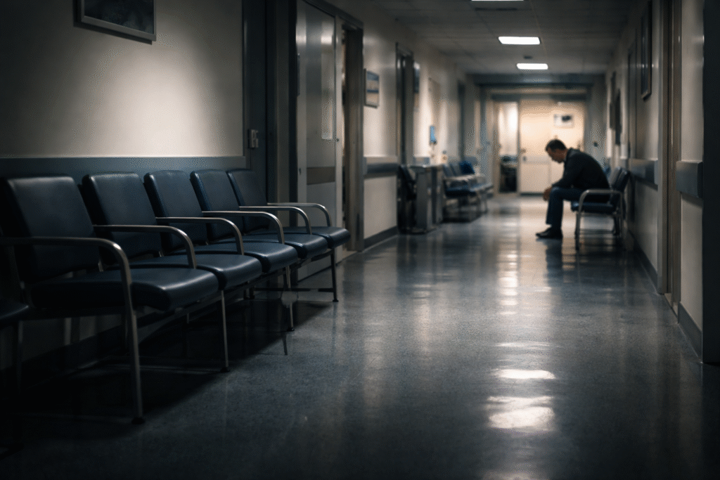 Dimly lit hospital corridor with empty waiting chairs and a lone patient sitting with head lowered, representing delays and restricted access to healthcare.