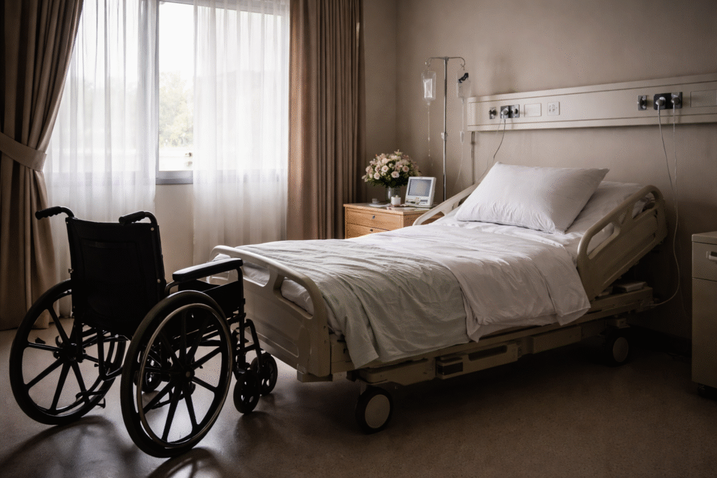 Empty hospital room with a neatly made bed, a wheelchair beside it, and soft daylight coming through a window, creating a quiet and somber atmosphere