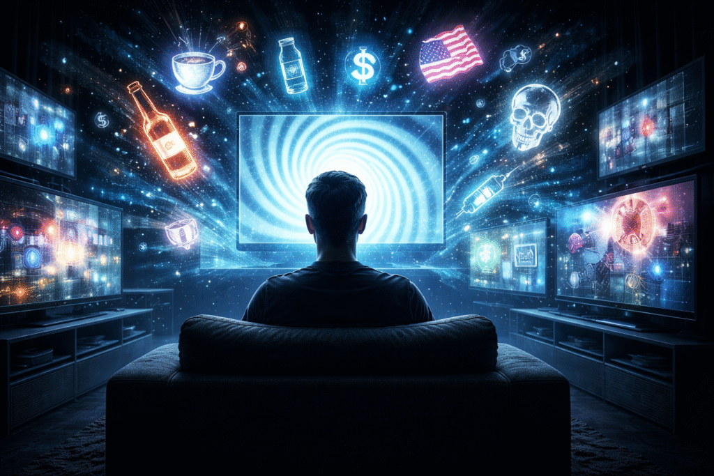 Person sitting on a couch facing multiple glowing screens displaying hypnotic spiral imagery, surrounded by floating symbols like a coffee cup, alcohol bottle, dollar sign, and flag representing media influence.