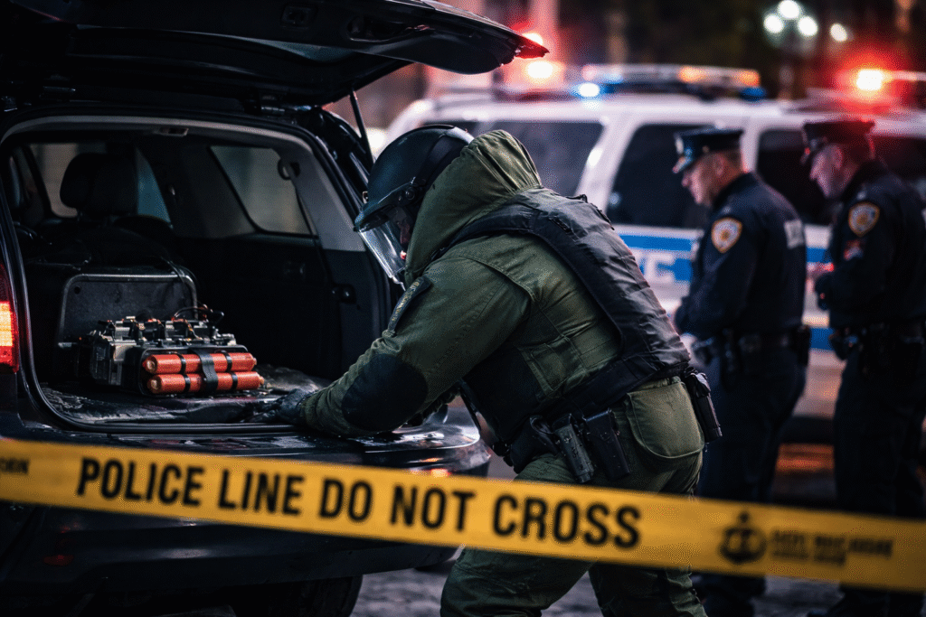 NYPD bomb squad officer in protective gear inspects a suspicious device inside the trunk of a vehicle while police secure the area with patrol cars and caution tape in Manhattan at night.