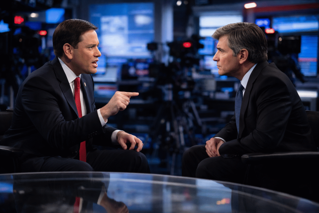 Marco Rubio speaking assertively during a televised interview with George Stephanopoulos in a news studio, seated under bright lights with cameras and screens in the background
