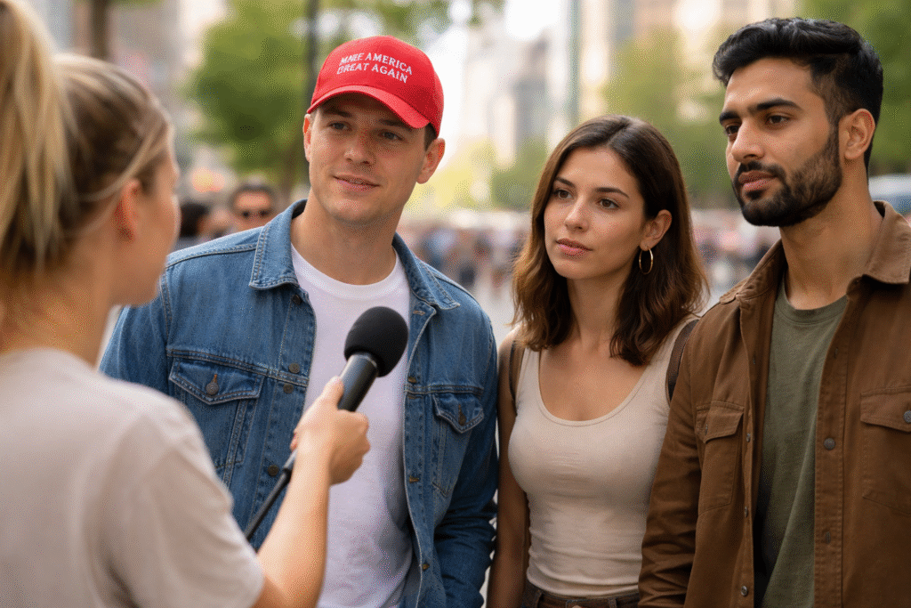 Street interview scene with a reporter holding a microphone toward three people, including a man wearing a red cap, in a city setting.