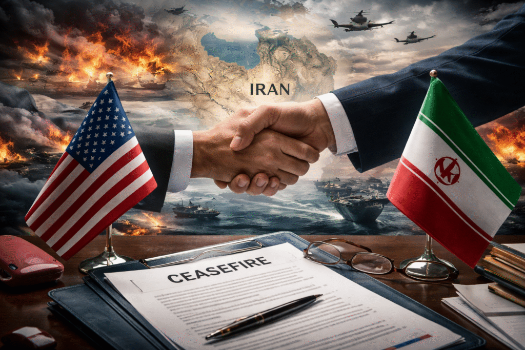 Handshake over ceasefire document between U.S. and Iran flags with war scene and military aircraft in background, representing proposed ceasefire amid ongoing conflict