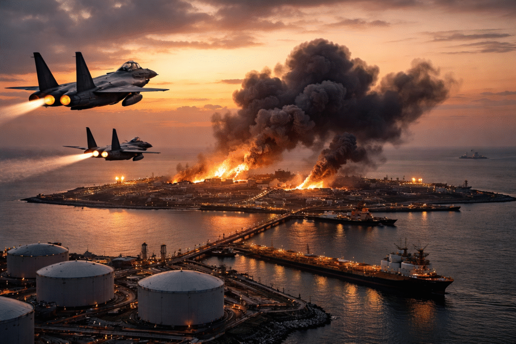 U.S. fighter jets flying over Kharg Island during airstrikes on Iranian military targets as smoke rises near oil storage facilities and shipping terminals in the Persian Gulf.
