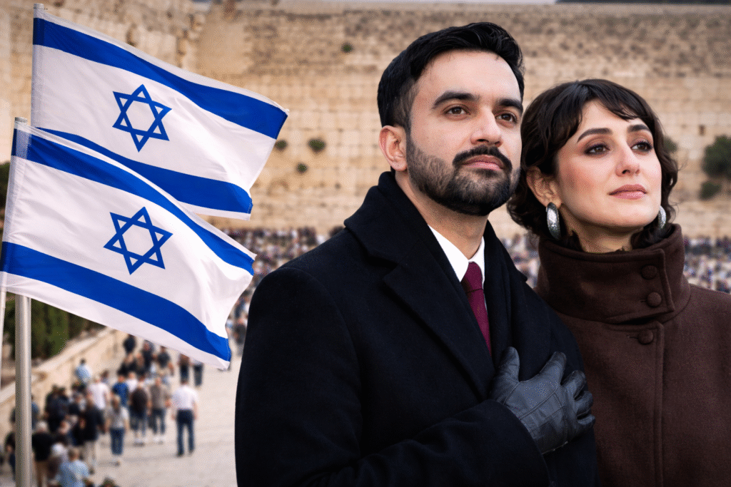 Couple standing near the Western Wall in Jerusalem with Israeli flags in the foreground, both wearing formal clothing and looking ahead with serious expressions.