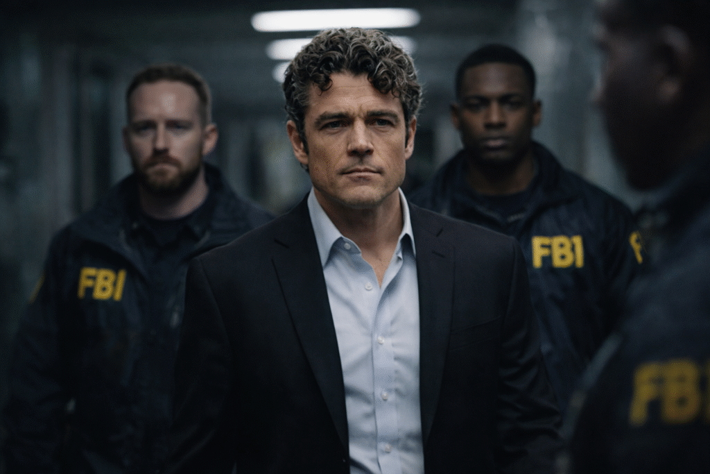 Kent walking through a dim hallway flanked by FBI agents, with agents in marked jackets behind him and low lighting creating a tense atmosphere.