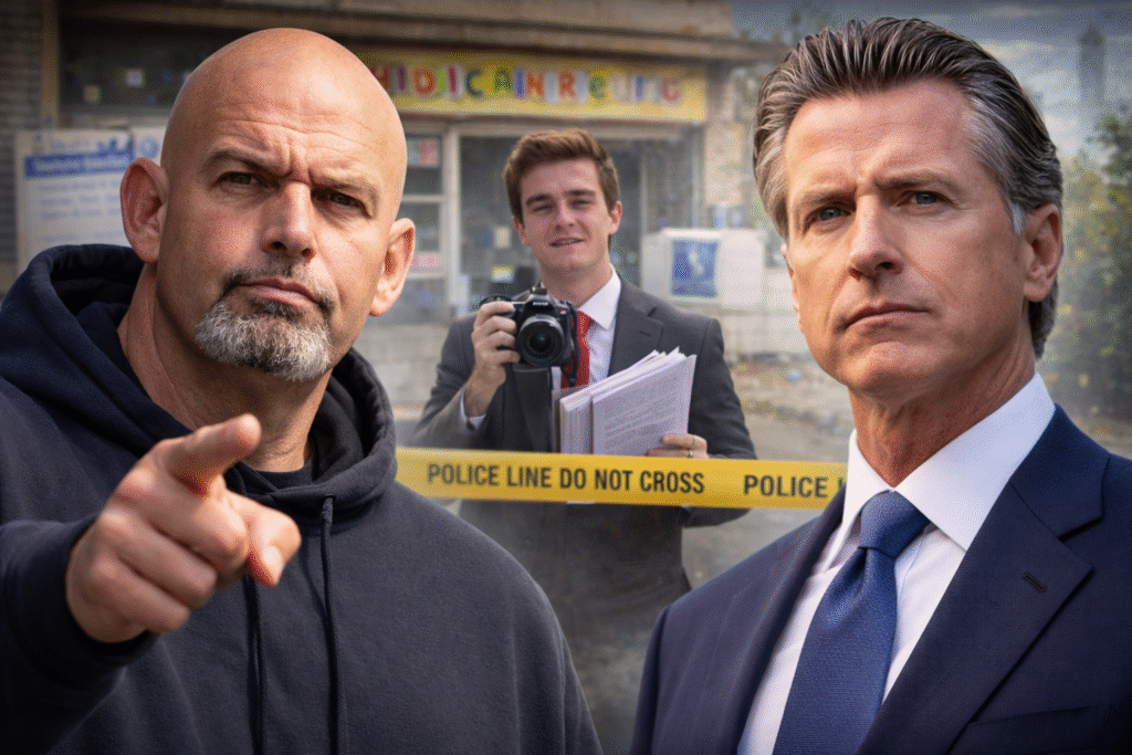 Sen. John Fetterman pointing forward beside Gov. Gavin Newsom, with journalist Nick Shirley holding a camera and documents behind police tape at an investigation scene.