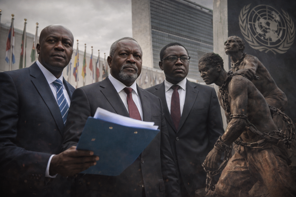 African officials standing before the United Nations building alongside a statue of enslaved figures in chains, symbolizing global recognition of the transatlantic slave trade and calls for justice.