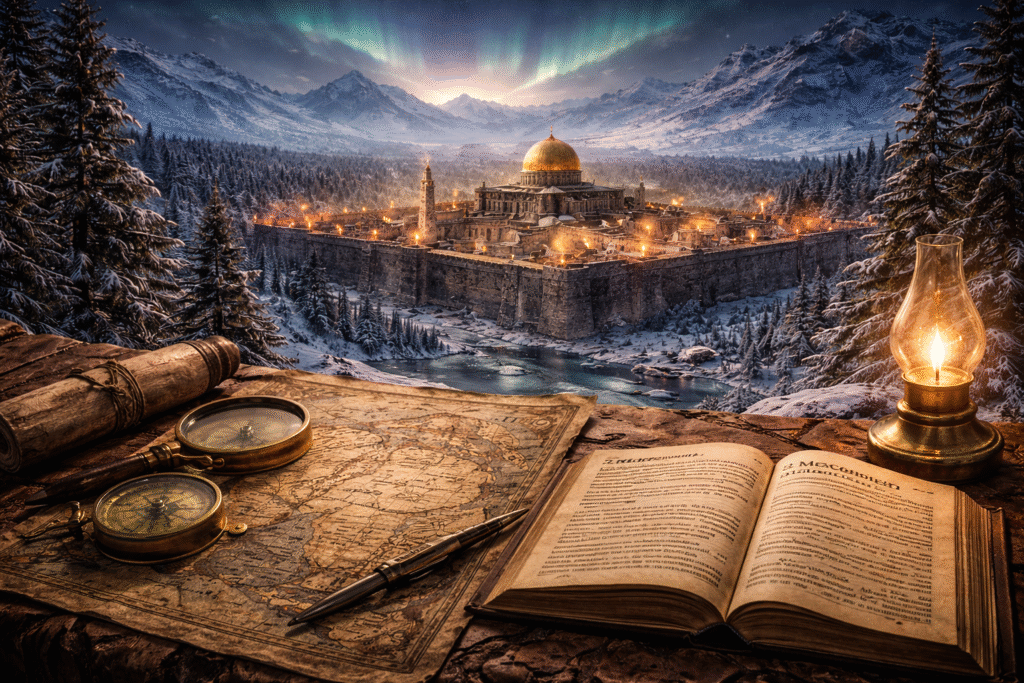 Snow-covered mountainous landscape surrounding a walled ancient city with a large golden-domed temple, illuminated at night beneath the northern lights, with an antique map, compass, and open historical book in the foreground symbolizing biblical geography and historical research.