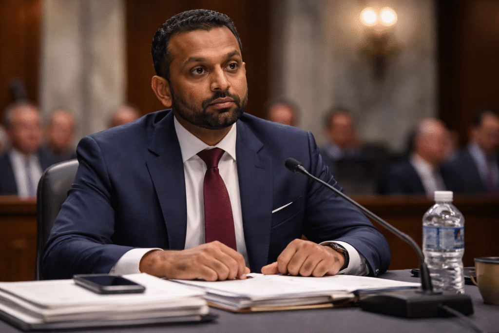 Man in a suit seated at a Senate hearing table with documents and a smartphone in front of him, speaking into a microphone with a blurred government chamber in the background