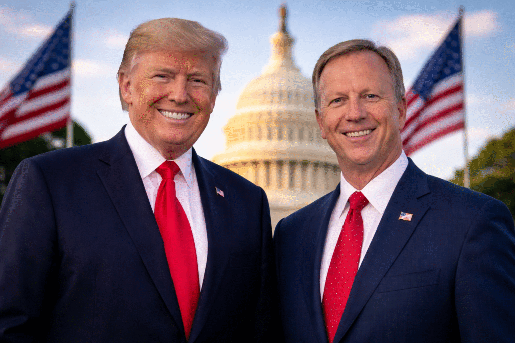 President Donald Trump standing beside Congressman Kevin Hern in front of the U.S. Capitol with American flags in the background.
