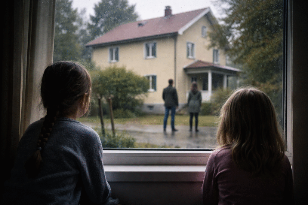 Two young girls sit indoors looking out a rain-covered window toward a house, while two adults stand apart outside in a somber scene suggesting family separation.