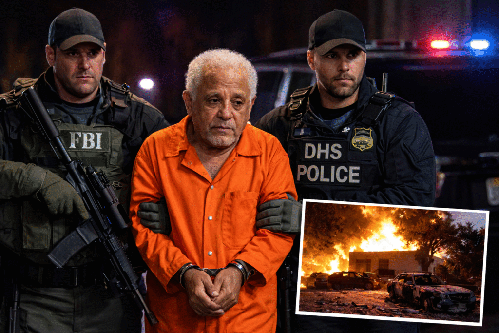 Older gray-haired man in an orange prison jumpsuit and handcuffs escorted by FBI and DHS officers at night with police lights and a burning building scene representing the Benghazi attack.