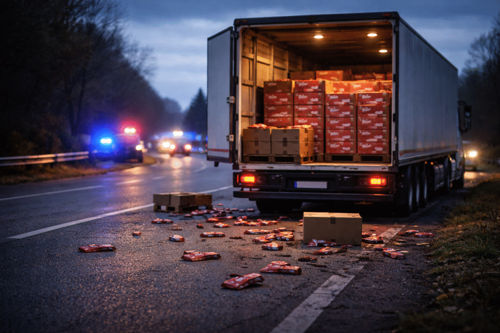 Open cargo truck on a roadside at dusk with boxes of chocolate inside and scattered candy bars on the ground, with police lights visible in the background