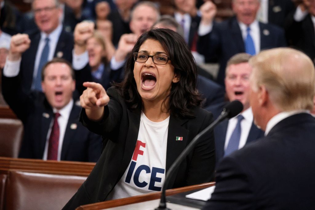 Representative Rashida Tlaib shouting and pointing during a heated moment inside the House chamber while President Donald Trump addresses Congress.
