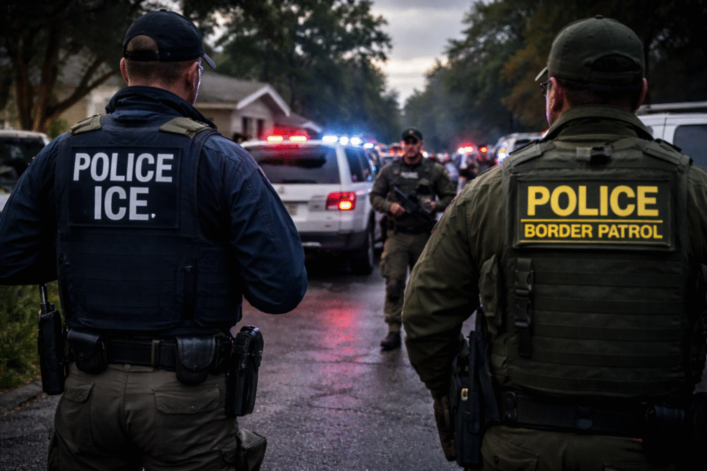 ICE and Border Patrol officers conducting a law enforcement operation in a residential neighborhood with police vehicles and flashing lights in the background.