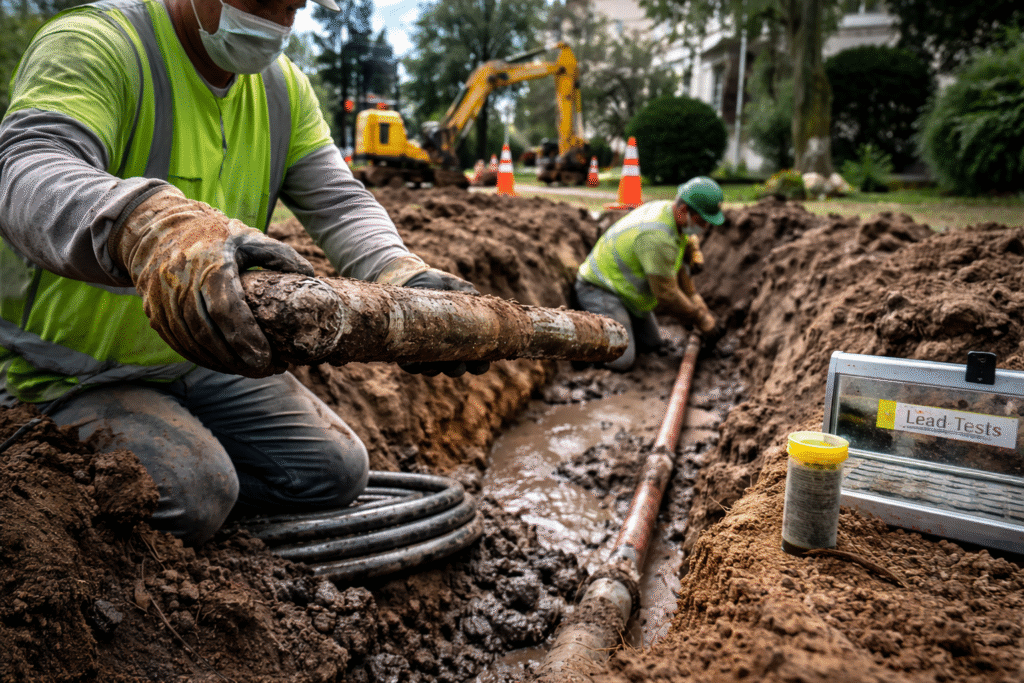 Utility workers in safety gear replacing an old corroded water pipe in a trench while installing a new line during a residential infrastructure repair project.