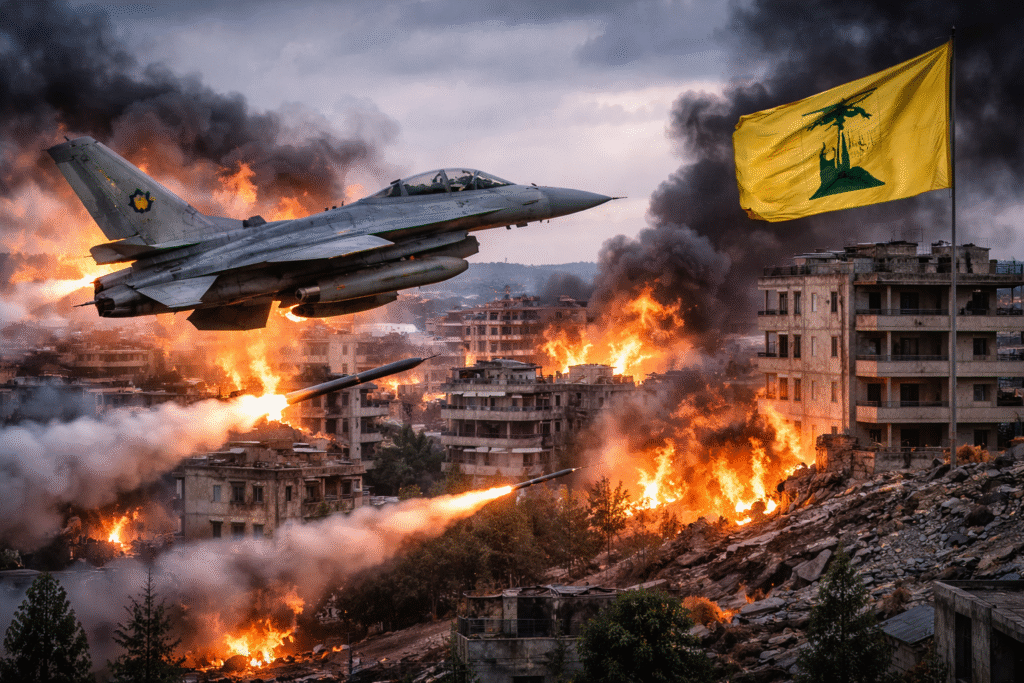 Israeli fighter jet launching missiles during an airstrike over a Lebanese city as explosions and smoke rise near buildings with a Hezbollah flag visible in the background.