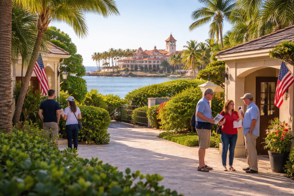 Coastal Florida neighborhood with palm trees and oceanfront estate in the background as campaign volunteers speak with residents outside homes under clear morning skies