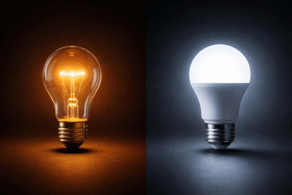 Warm glowing incandescent light bulb beside a cool white LED bulb against a dark background
