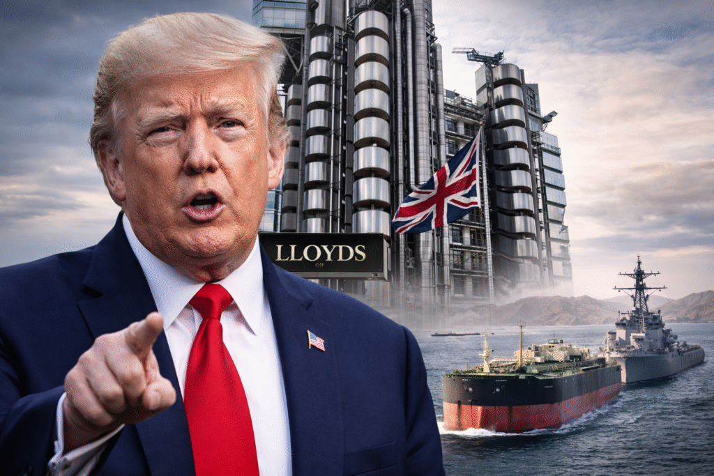 President Donald Trump pointing forward with the Lloyd’s of London building behind him and an oil tanker escorted by a U.S. Navy warship in the Strait of Hormuz.