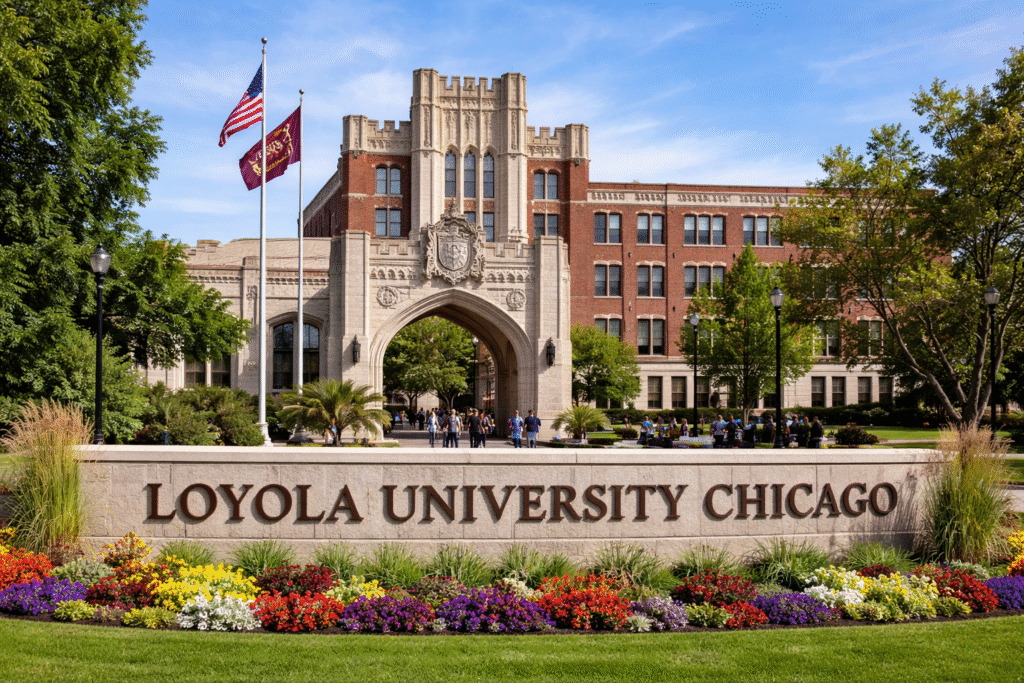Entrance of Loyola University Chicago with a large stone sign, historic campus buildings, flags, and students walking through the archway on a clear day.