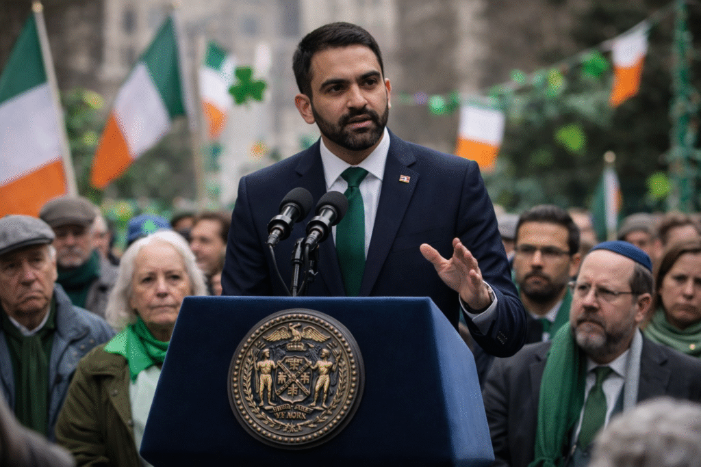 Mamdani in a dark suit speaking at a podium during a St. Patrick’s Day event in New York City, with Irish flags and a crowd gathered behind him.