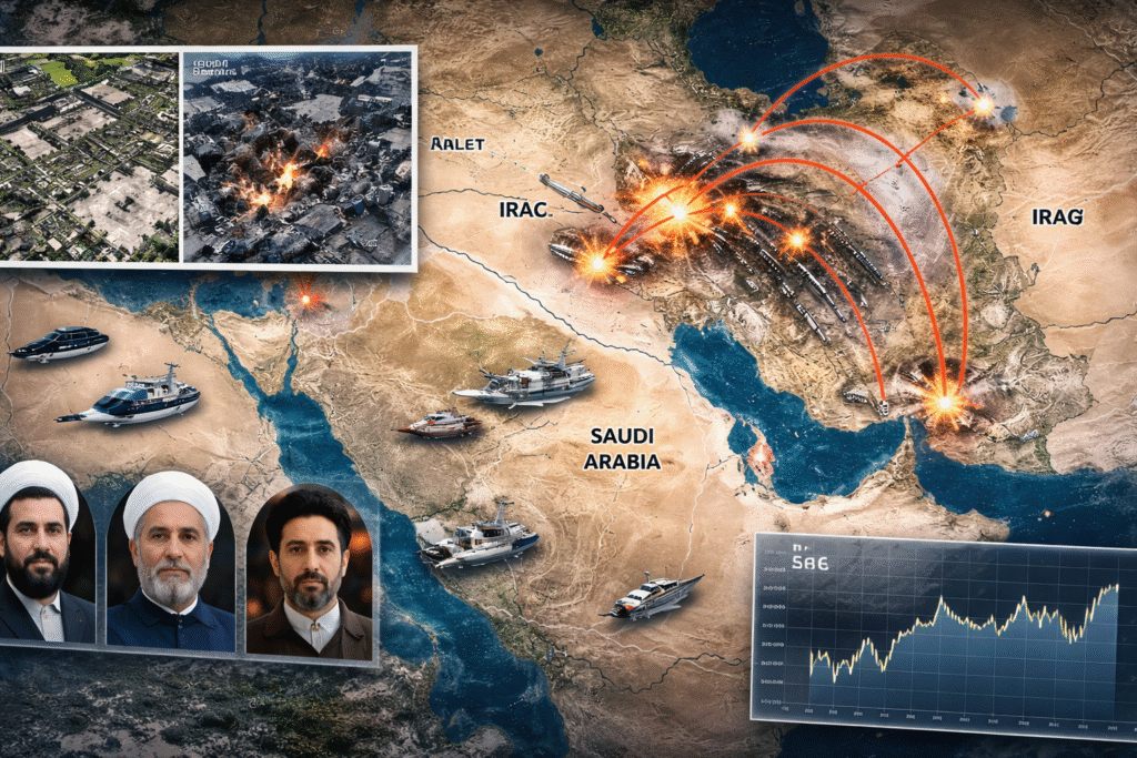 Map of the Middle East showing missile strike paths between Iran, Israel, and regional targets with naval forces in the Persian Gulf and satellite images of airstrike damage.