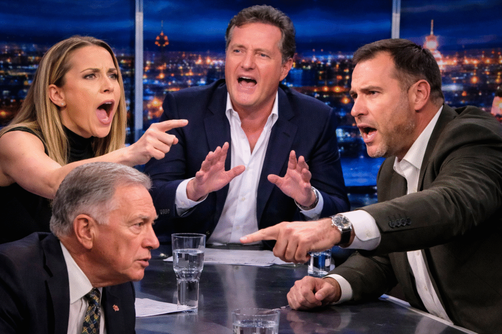 Piers Morgan moderates a heated television panel debate as guests argue intensely during a discussion about the U.S.–Israel strike on Iran.