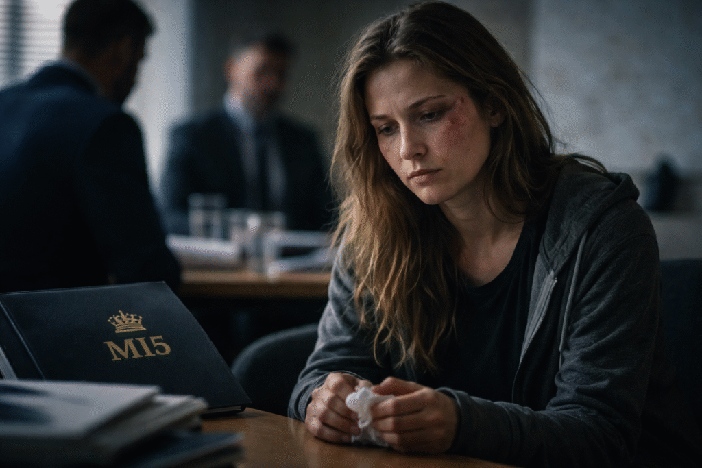 Distressed woman with visible facial injuries sits at a table holding a tissue, while two men in suits stand blurred in the background near a folder marked MI5, suggesting an intelligence-related investigation setting.