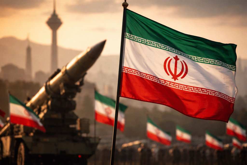 Iranian national flags flying near a missile launcher with the Tehran skyline and Milad Tower visible in the background.