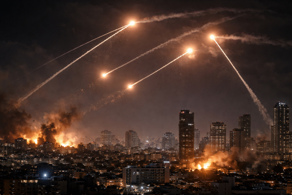 Missile interception streaks and explosions visible in the night sky above a Middle Eastern city skyline during an active air defense engagement.