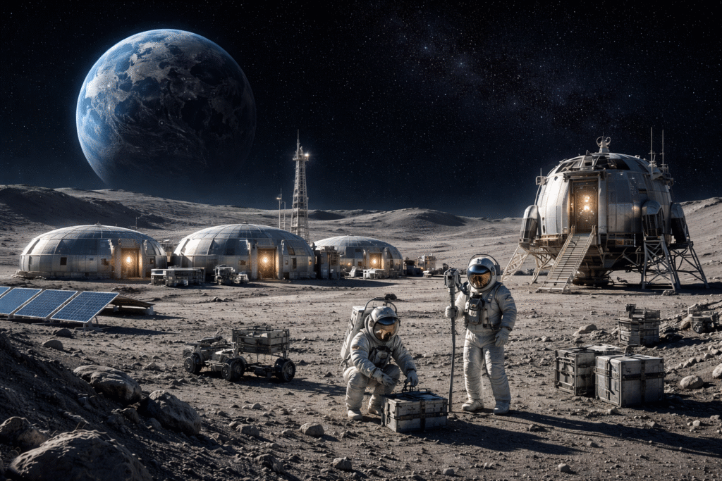 Futuristic lunar base with domed habitats and astronauts working on the moon’s surface, with Earth visible in the dark sky above and a spacecraft landed nearby