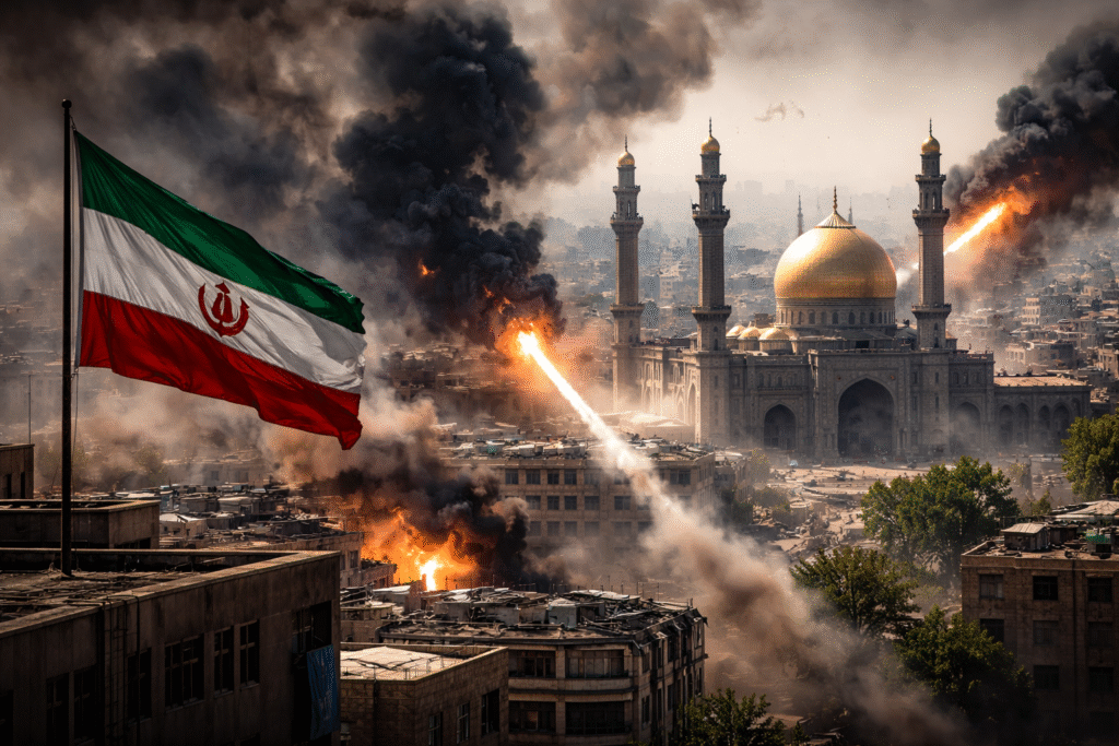 City skyline in Iran with a large mosque and Iranian flag as missile strikes, explosions, and thick smoke rise across the urban landscape during wartime.